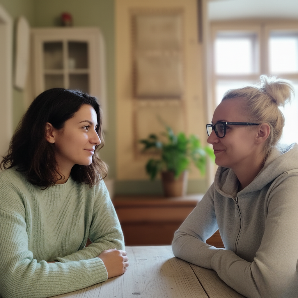 Subtelna ilustracja rozmowy – dwie osoby w spokojnym tonie, symbol Pogadajnika